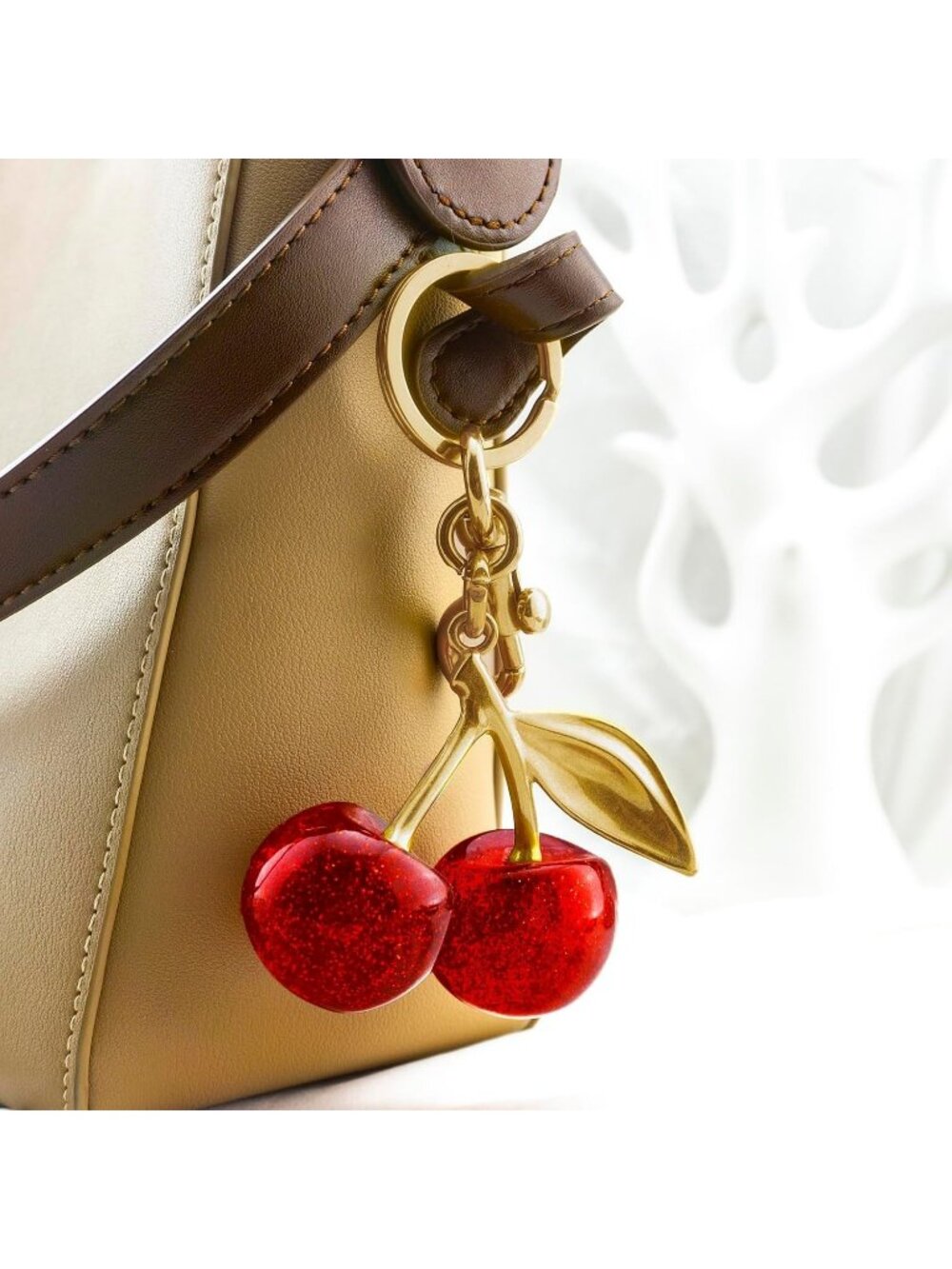 Red Cherry Keychain Charm with Glitter Cherries and Gold Leaf Bag Accessory - Picture 6 of 6